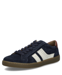 Dunkelblauer Sneaker aus Wildleder mit weißem seitlichem Streifen und braunem Fersendetail. Ausgestattet mit Schnürung und beiger Gummisohle.