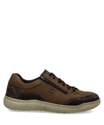 Brauner Halbschuh aus Leder mit Reißverschluss und Schnürung. Dunkle Akzente und helle Sohle verleihen dem Schuh einen klassischen Look.