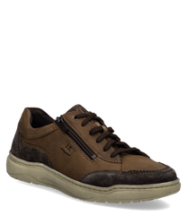 Brauner Halbschuh aus Leder mit Reißverschluss und Schnürung. Dunkle Akzente und helle Sohle verleihen dem Schuh einen klassischen Look.