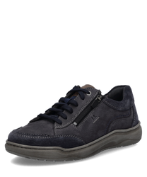 Dunkelblauer Halbschuh aus Leder mit Reißverschluss an der Seite. Robuste Sohle und dezente Ziernähte für einen klassischen Look.