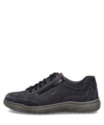 Dunkelblauer Halbschuh aus Leder mit Reißverschluss an der Seite. Robuste Sohle und dezente Ziernähte für einen klassischen Look.