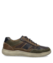 Brauner Halbschuh mit Reißverschluss aus Leder und Textil. Der Schuh hat eine beige Sohle und kontrastierende Nähte.