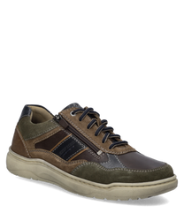 Brauner Halbschuh mit Reißverschluss aus Leder und Textil. Der Schuh hat eine beige Sohle und kontrastierende Nähte.