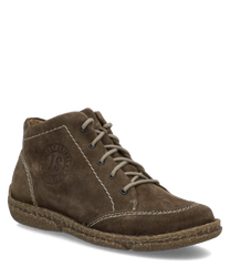 Braune Stiefelette aus Wildleder mit seitlichem Reißverschluss. Der Schuh hat eine robuste Sohle und sichtbare Ziernähte.