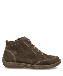 Braune Stiefelette aus Wildleder mit seitlichem Reißverschluss. Der Schuh hat eine robuste Sohle und sichtbare Ziernähte.