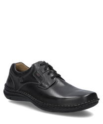 Schwarzer Lederschuh mit Schnürung. Glattes Material und robuste Sohle für Komfort und Stil.