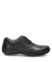 Schwarzer Lederschuh mit Schnürung. Glattes Material und robuste Sohle für Komfort und Stil.