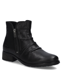 Schwarze Lederstiefelette mit Reißverschluss an der Seite. Glattes Material mit leichten Falten für einen eleganten Look.