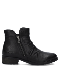 Schwarze Lederstiefelette mit Reißverschluss an der Seite. Glattes Material mit leichten Falten für einen eleganten Look.