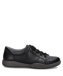 Schwarzer Sneaker aus Leder mit Schnürung. Der Schuh hat eine glatte Oberfläche und eine robuste Sohle.