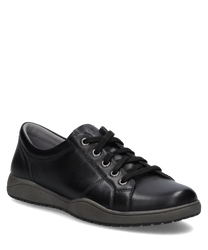 Schwarzer Sneaker aus Leder mit Schnürung. Der Schuh hat eine glatte Oberfläche und eine robuste Sohle.