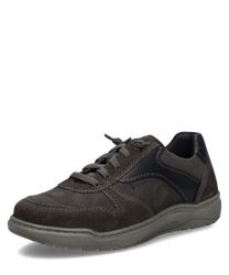 Brauner Halbschuh aus Wildleder mit Schnürung. Dunkle Akzente und robuste Sohle verleihen Eleganz und Komfort.