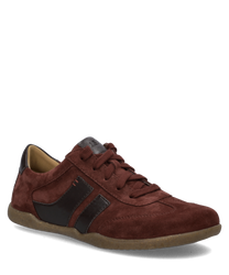 Brauner Sneaker aus Wildleder mit Schnürung und seitlichen schwarzen Akzenten. Die Sohle besteht aus Gummi und bietet guten Halt.