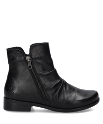 Schwarze Lederstiefelette mit seitlichem Reißverschluss. Glattes Material und dezente Falten verleihen dem Schuh einen eleganten Look.