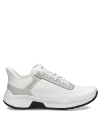 Moderner weißer Sneaker mit Schnürung aus atmungsaktivem Material. Dezente graue Akzente und eine robuste Sohle bieten Komfort und Stil.