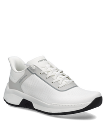 Moderner weißer Sneaker mit Schnürung aus atmungsaktivem Material. Dezente graue Akzente und eine robuste Sohle bieten Komfort und Stil.