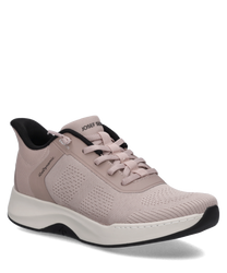 Beiger Sneaker mit Schnürung aus atmungsaktivem Mesh-Material. Schwarze Details und eine weiße Sohle bieten Komfort und Stil.