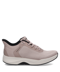 Beiger Sneaker mit Schnürung aus atmungsaktivem Mesh-Material. Schwarze Details und eine weiße Sohle bieten Komfort und Stil.