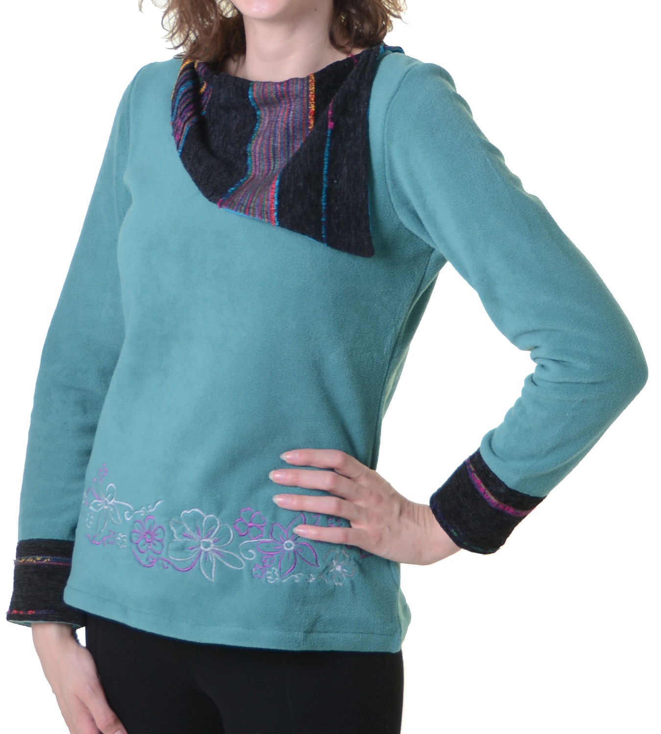 Fleecepullover mit Blumenmustern und auffälligem Baumwoll-Kragen