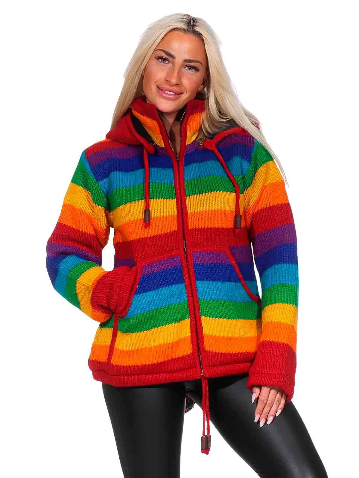 Damen Regenbogen Strickjacke Goa Wolle Jacke mit Fleecefutter und