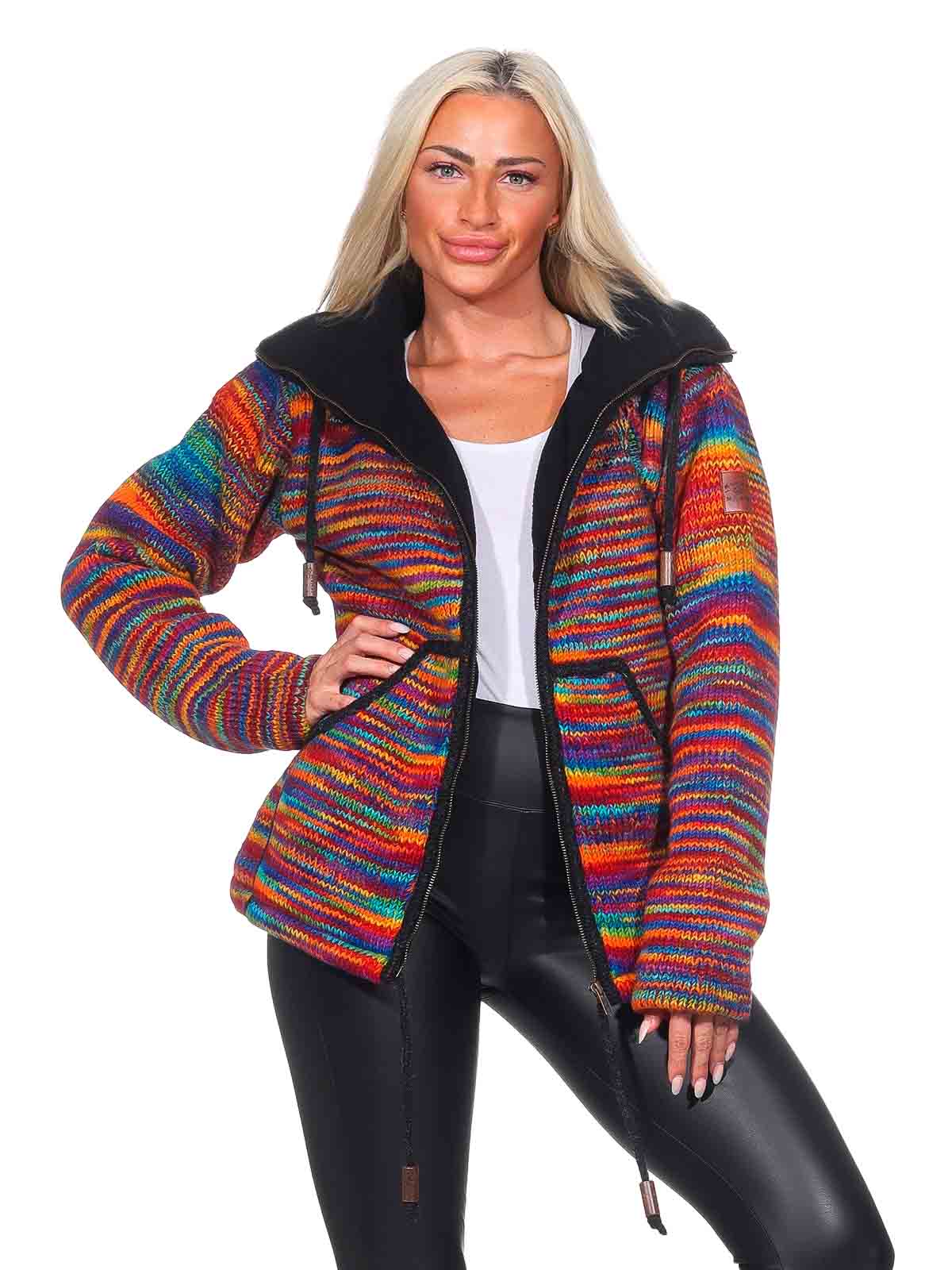 Damen Strickjacke Goa Wolle Bunte Regenbogen Jacke Fleecefutter Hochkragen  Goa Boho Fair