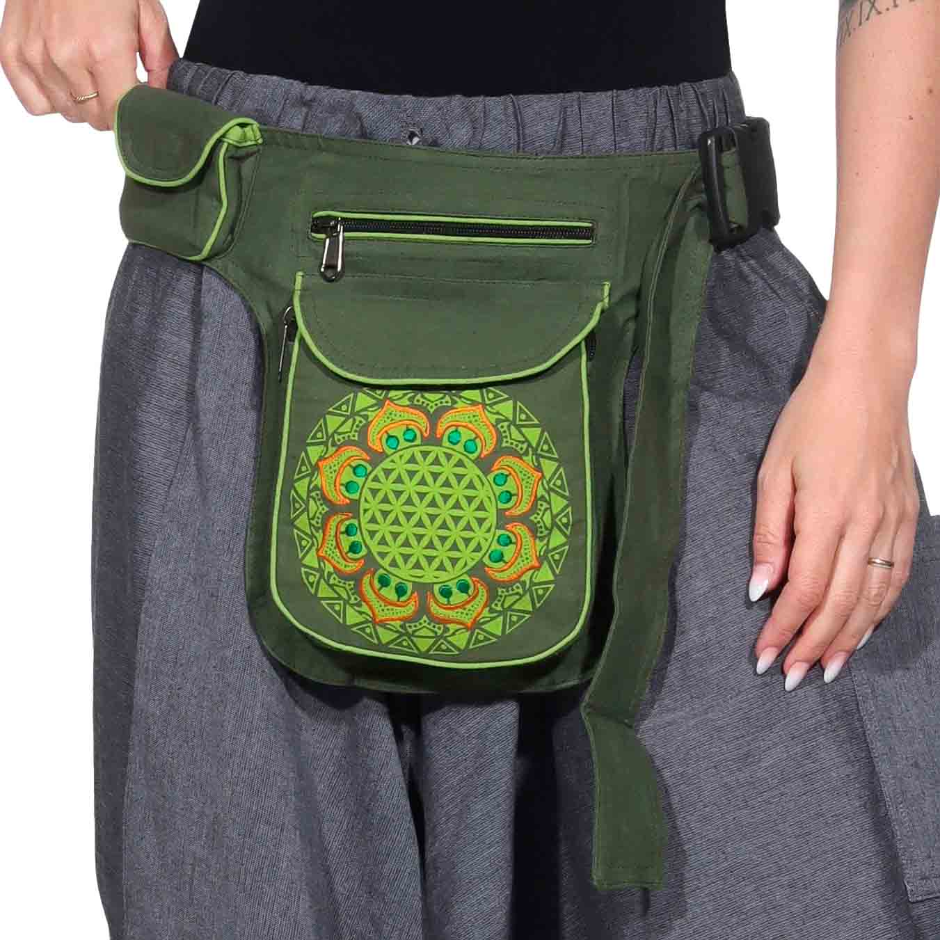 KUNST UND MAGIE Doppel-Hüfttasche Bauchtasche Gürteltasche Bauchgurt  Festivaltasche Blume des Lebens