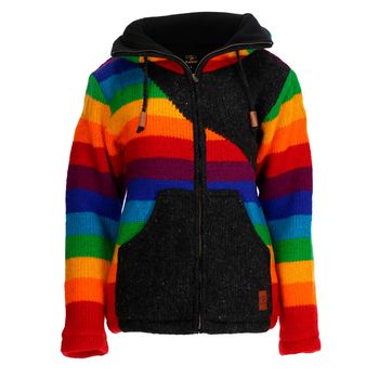 Strickjacke Goa Wolle Bunte Regenbogen Jacke Fleecefutter