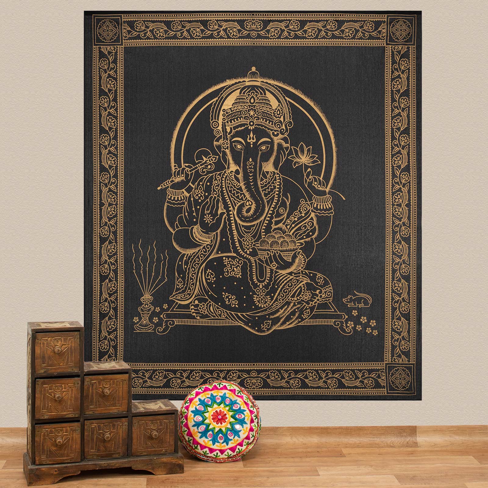 Kunst Und Magie Kunst und Magie Tagesdecke Wandbehang Deko Tuch Lord Ganesha Gold ca. 200 x 230cm