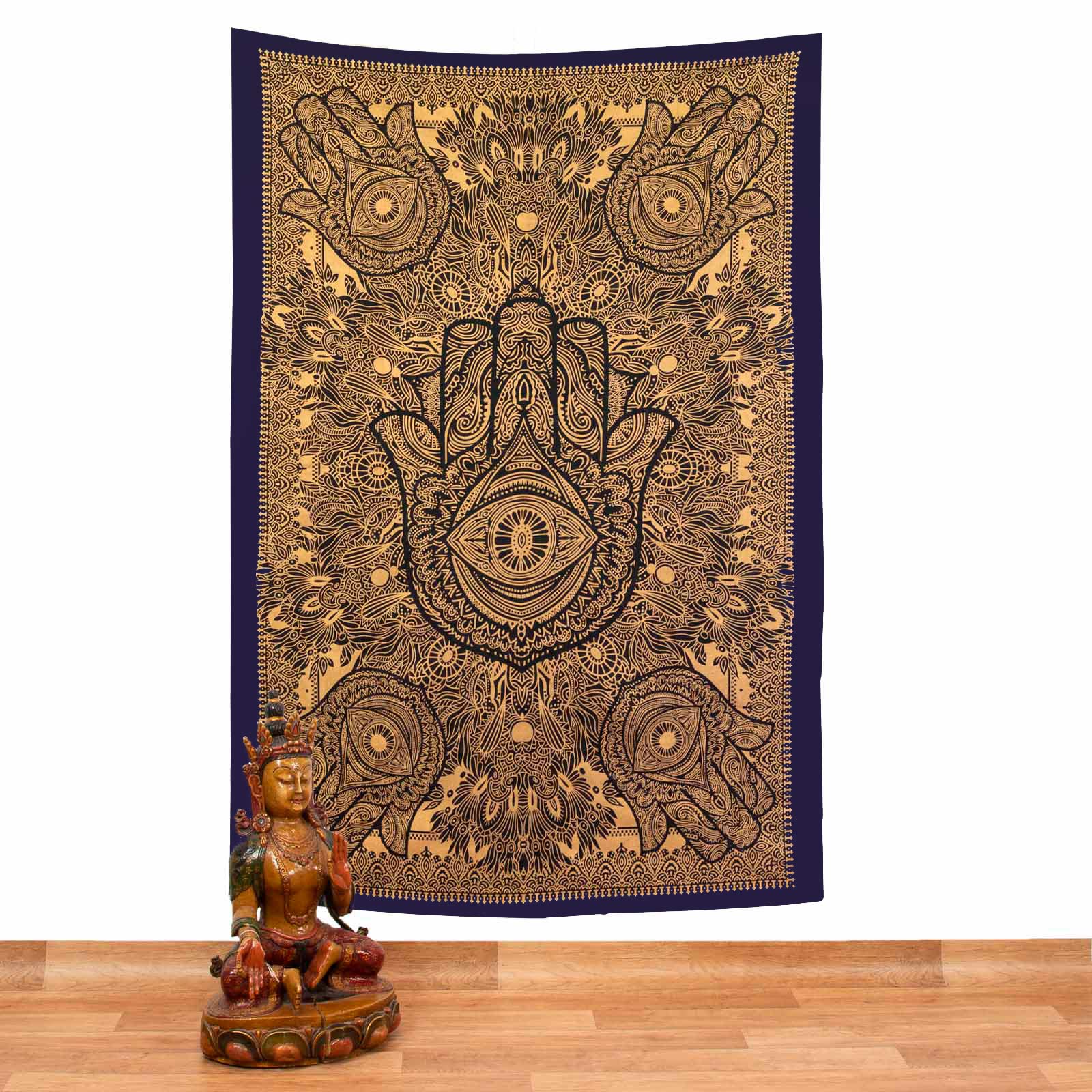 Kunst Und Magie Kunst und Magie Tagesdecke Wandbehang Deko Tuch Goldene Hamsa Hand ca. 200 x135cm