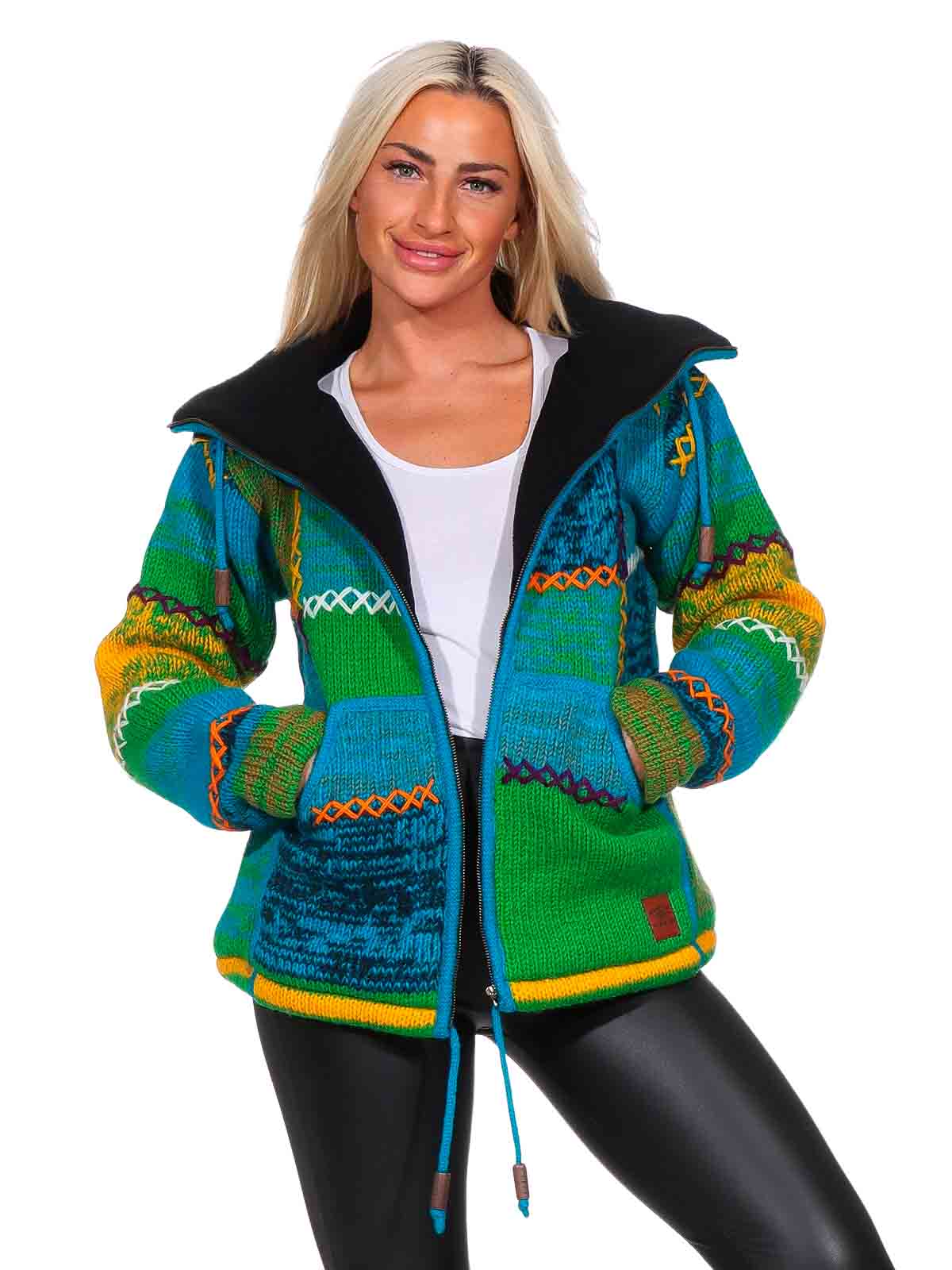 Damen Strickjacke Goa Wolle Bunte Patchwork Jacke mit Fleecefutter und  Hochkragen
