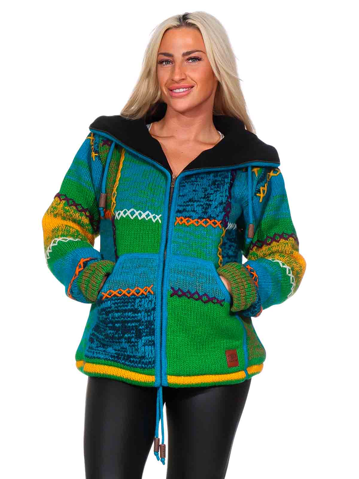 Damen Strickjacke Goa Wolle Bunte Patchwork Jacke mit Fleecefutter und  Hochkragen Kunst und Magie