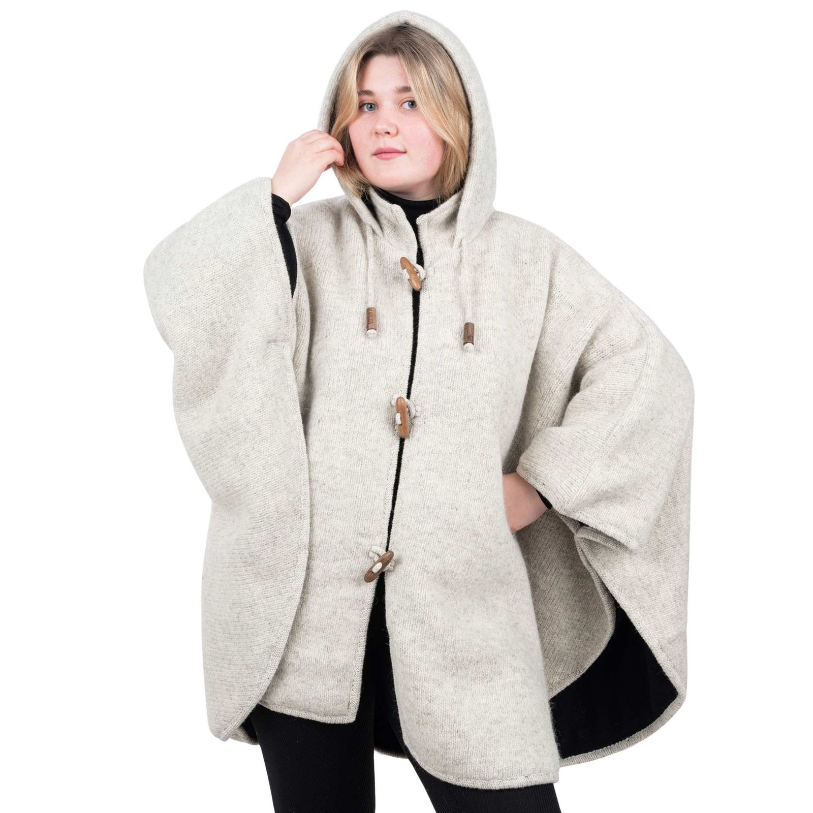 Strick Poncho mit Kapuze Umhang Cape Strickjacke Wolle Jacke Winter Mantel  Damen