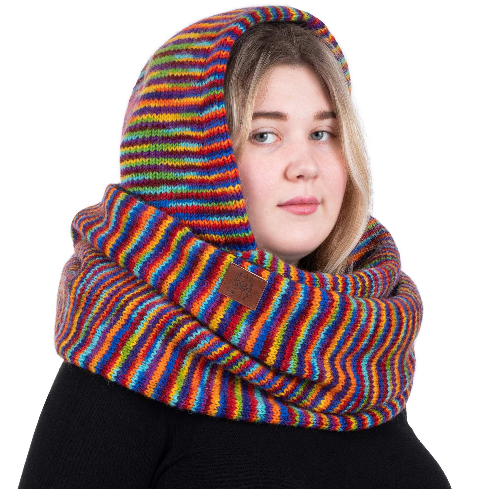 Kunst Und Magie Damen Kapuzenschal Loop Schal Hoodie Schalmütze Poncho Regenbogenfarben aus Wolle gestrickt Strick Kapuze