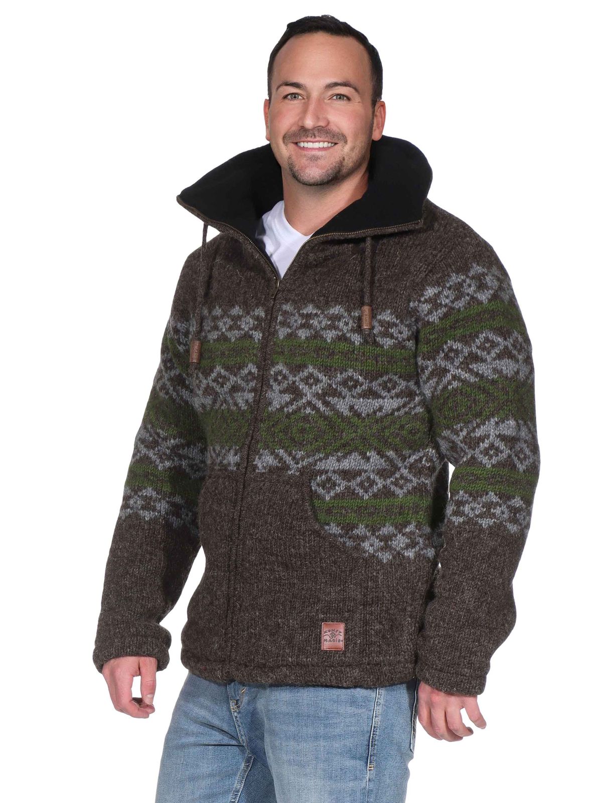 Klassische Strickjacke Wolle Jacke mit Hochkragen Fleecefutter Unisex Damen  Herren