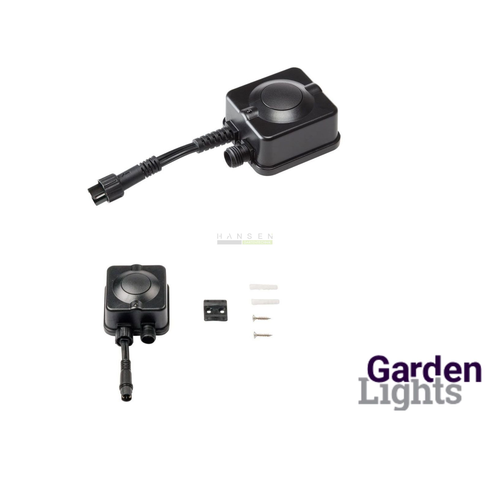 Abbildung zeigt freigestelltes Produktbild und dem mitgelieferten Montagezubehör zu Garden Lights Empfänger 12V 150W Abbildung zeigt freigestelltes Produktbild und dem mitgelieferten Montagezubehör zu Garden Lights Empfänger 12V 150W