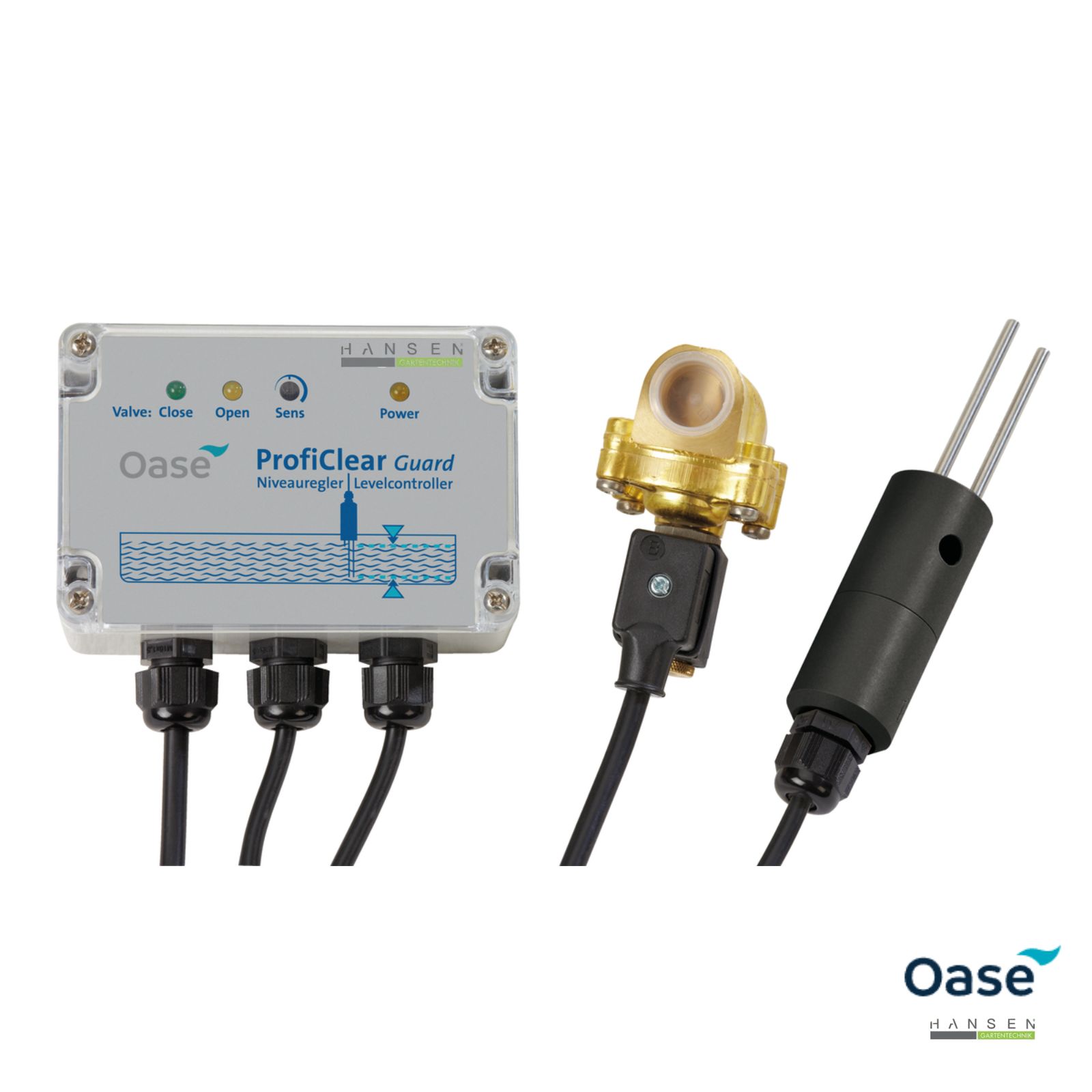 Abbildung zeigt freigestelltes Produktfoto zu OASE ProfiClear Guard Komplettset mit einem leitenden Sensor 12 Volt und ½ Messing-Magnetventil Abbildung zeigt freigestelltes Produktfoto zu OASE ProfiClear Guard Komplettset mit einem leitenden Sensor 12 Volt und ½ Messing-Magnetventil
