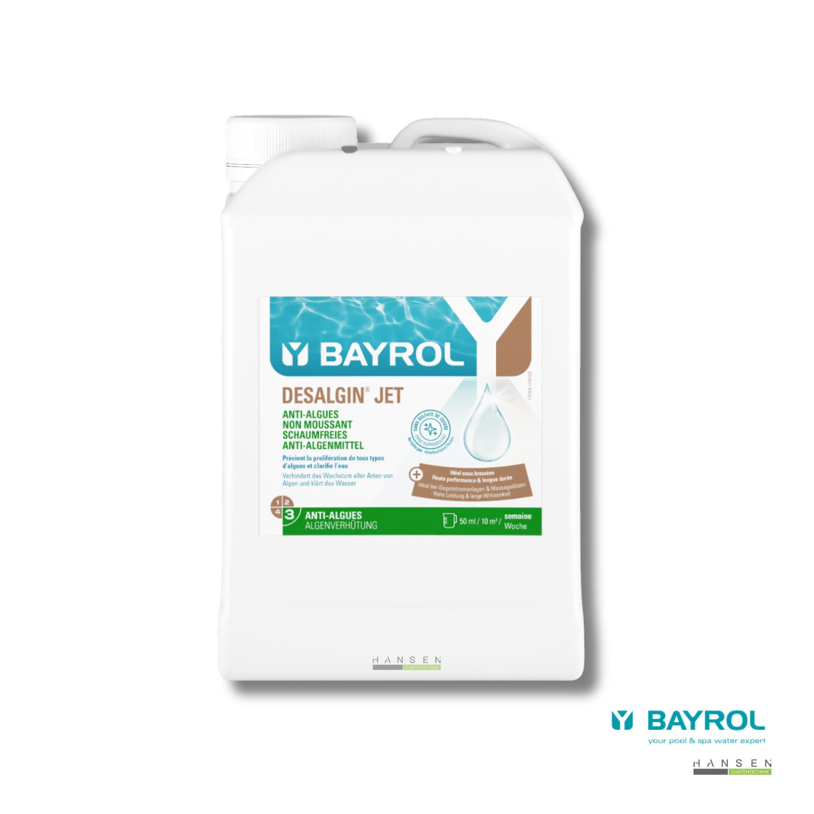 Abbildung zeigt Bayrol Desalgin Jet in Gebindegröße 3 Liter (Kunststoffkanister)