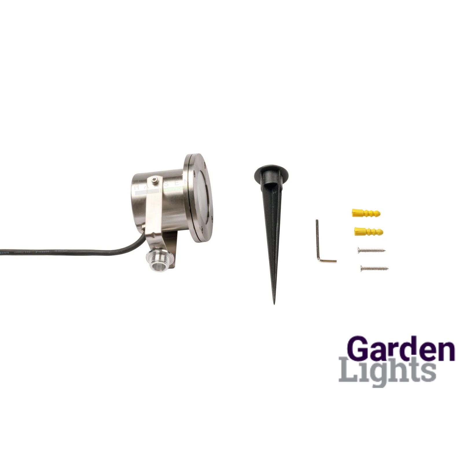 Abbildung zeigt den Lieferumfang zum Garden Lights LED-Spot Arigo als freigestelltes Bild
