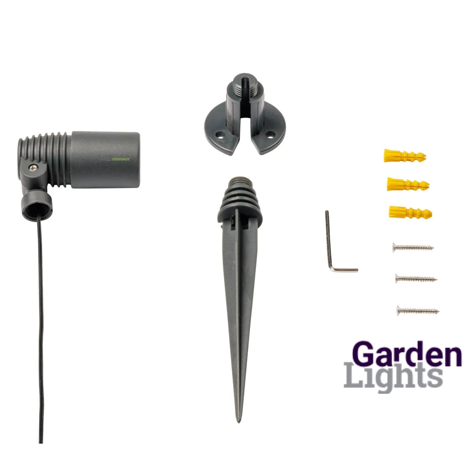 Abbildung zeigt den Lieferumfang zum Garden Lights Alder LED Spot