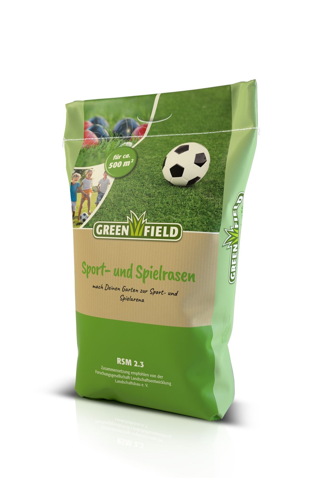 Abbildung zeigt ein 10 kg Gebinde Greenfield 311 Sportrasen - Neuanlage RSM 3.1 Saatgutmischung zur Neuanlage von stark strapazierten Rasensportanlagen, Art.-Nr.: 69311