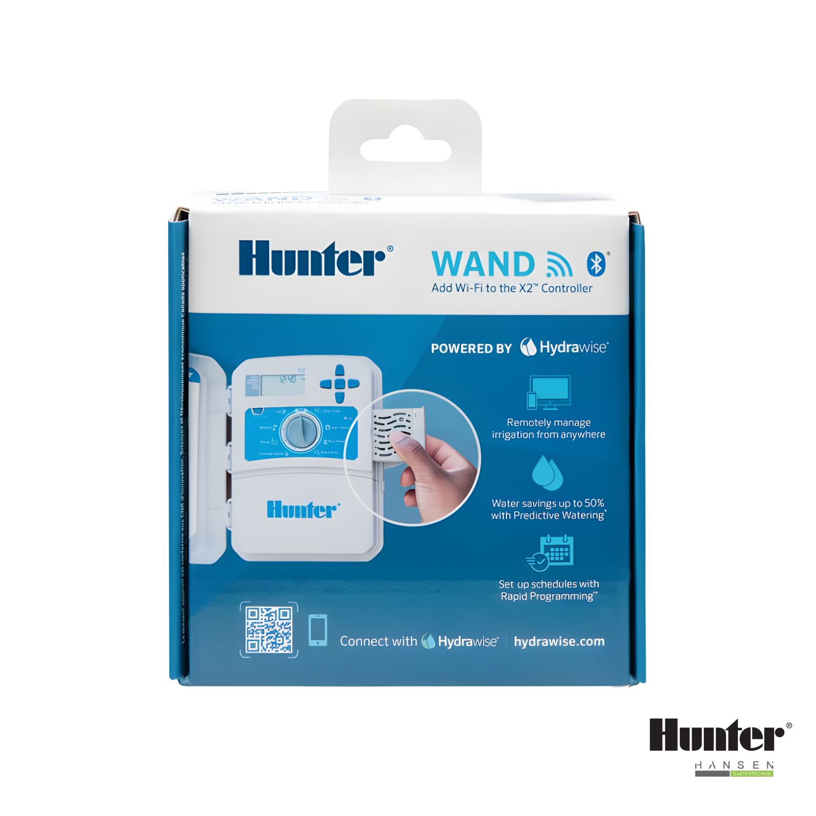 Abbildung zeigt Abbildung der Verpackung zu Hunter WAND-Modul, der Plug-In Erweiterung um WLAN und Bluetooth, um Hydrawise-Software für das X2 Steuergerät zu ermöglichen Abbildung zeigt Abbildung der Verpackung zu Hunter WAND-Modul, der Plug-In Erweiterung um WLAN und Bluetooth, um Hydrawise-Software für das X2 Steuergerät zu ermöglichen