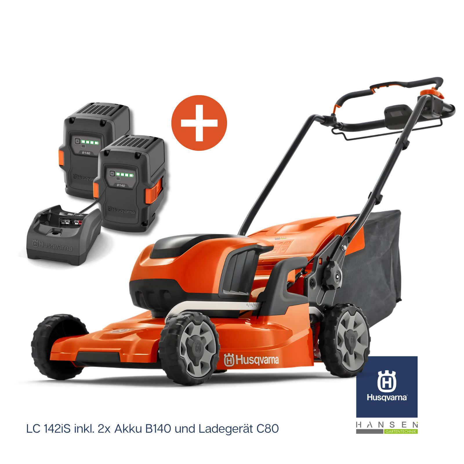 Abbildung zeigt Produktbild zu Husqvarna Akku-Rasenmäher LC 142iS Aktions-Set inkl. 2 B140 Akku + C80 Ladegerät