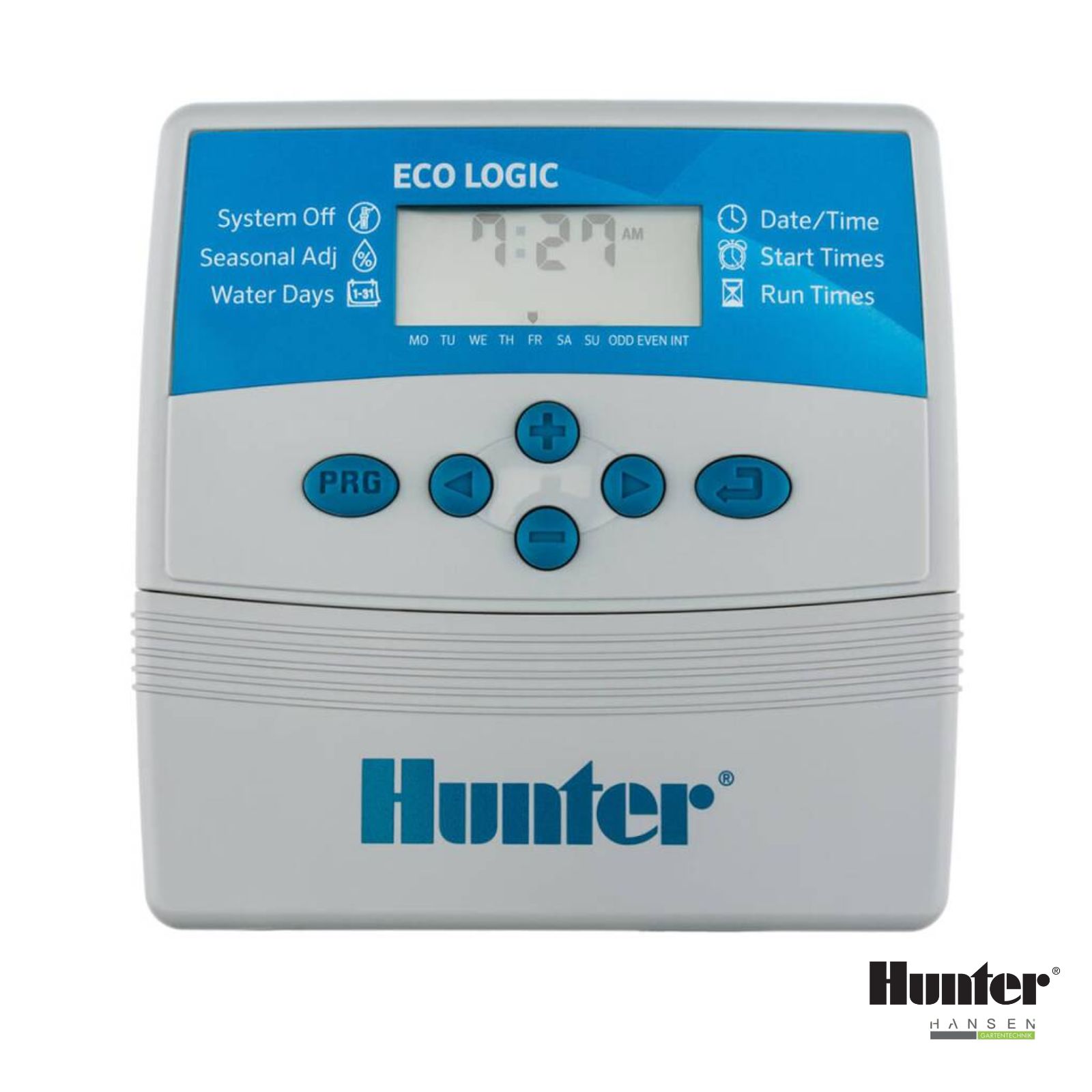 Abbildung zeigt Hunter ELC-601i-E Steuergerät für den Innenbereich mit 6 Stationen, 230 VAC, mit europäischen Anschlüssen