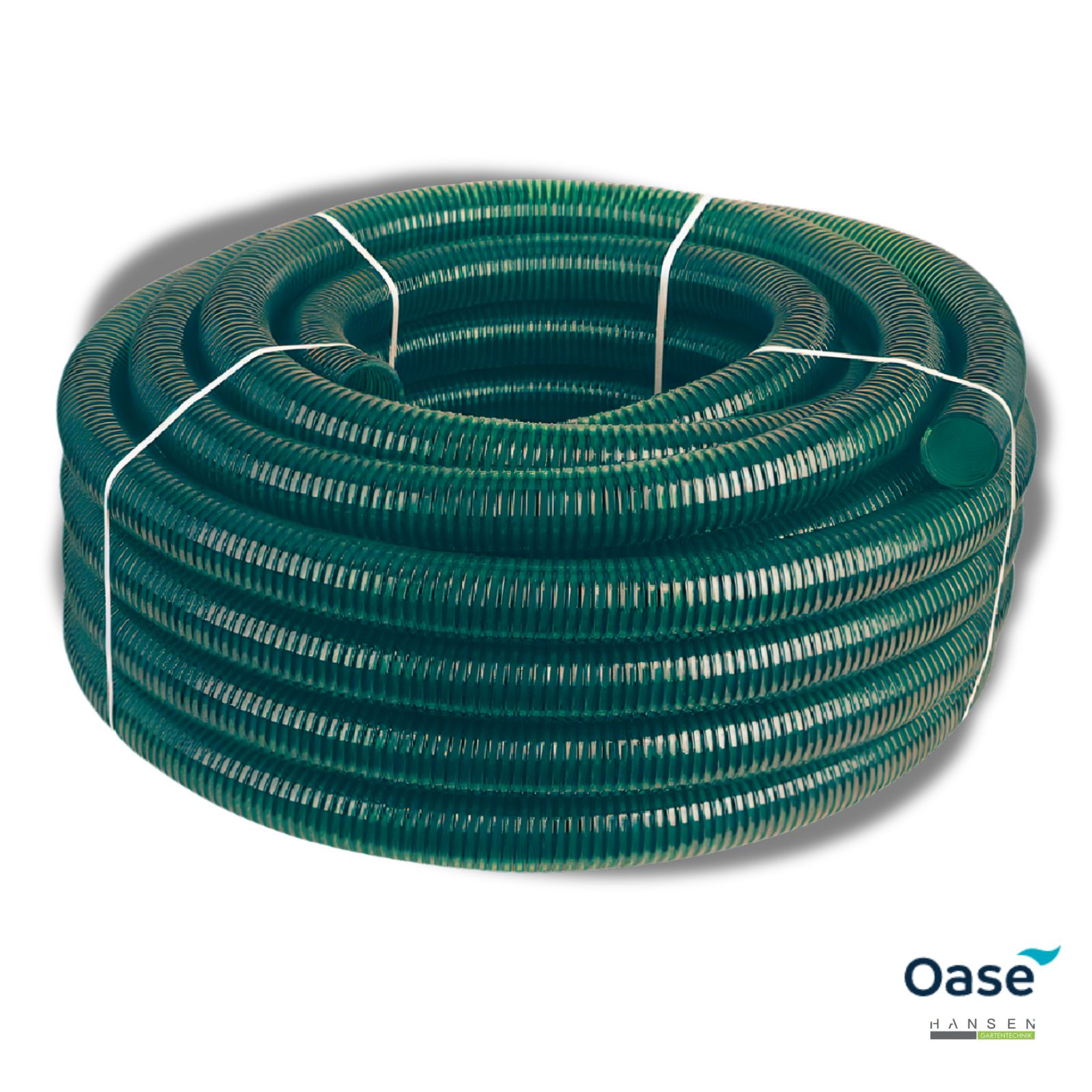 Abbildung zeigt den Lieferumfang zur 20m Rolle Oase Spiralschlauch grün 2 1/2 20m