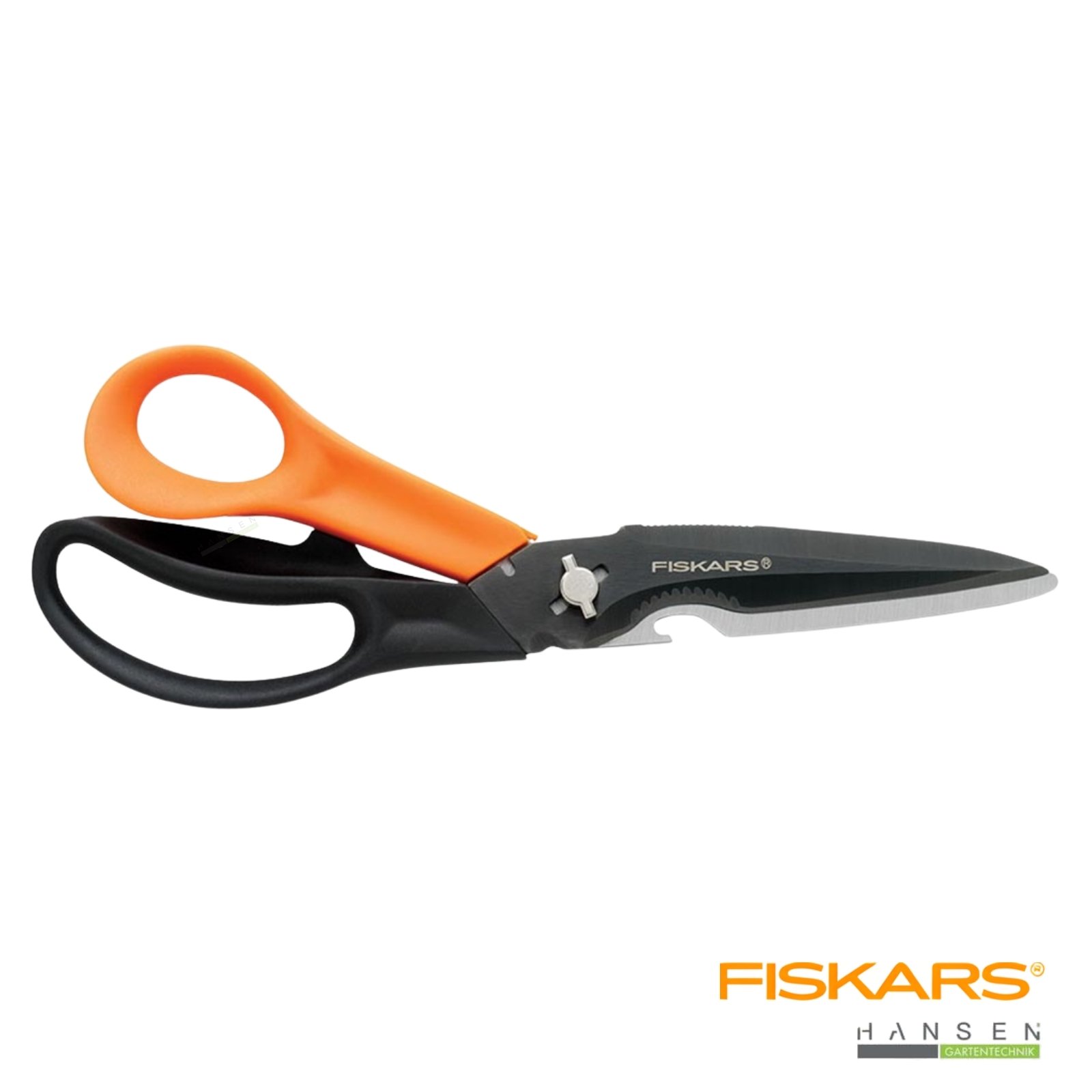 Abbildung zeigt freigestelltes Produktfoto zur Fiskars Cuts+More Mehrzweckschere