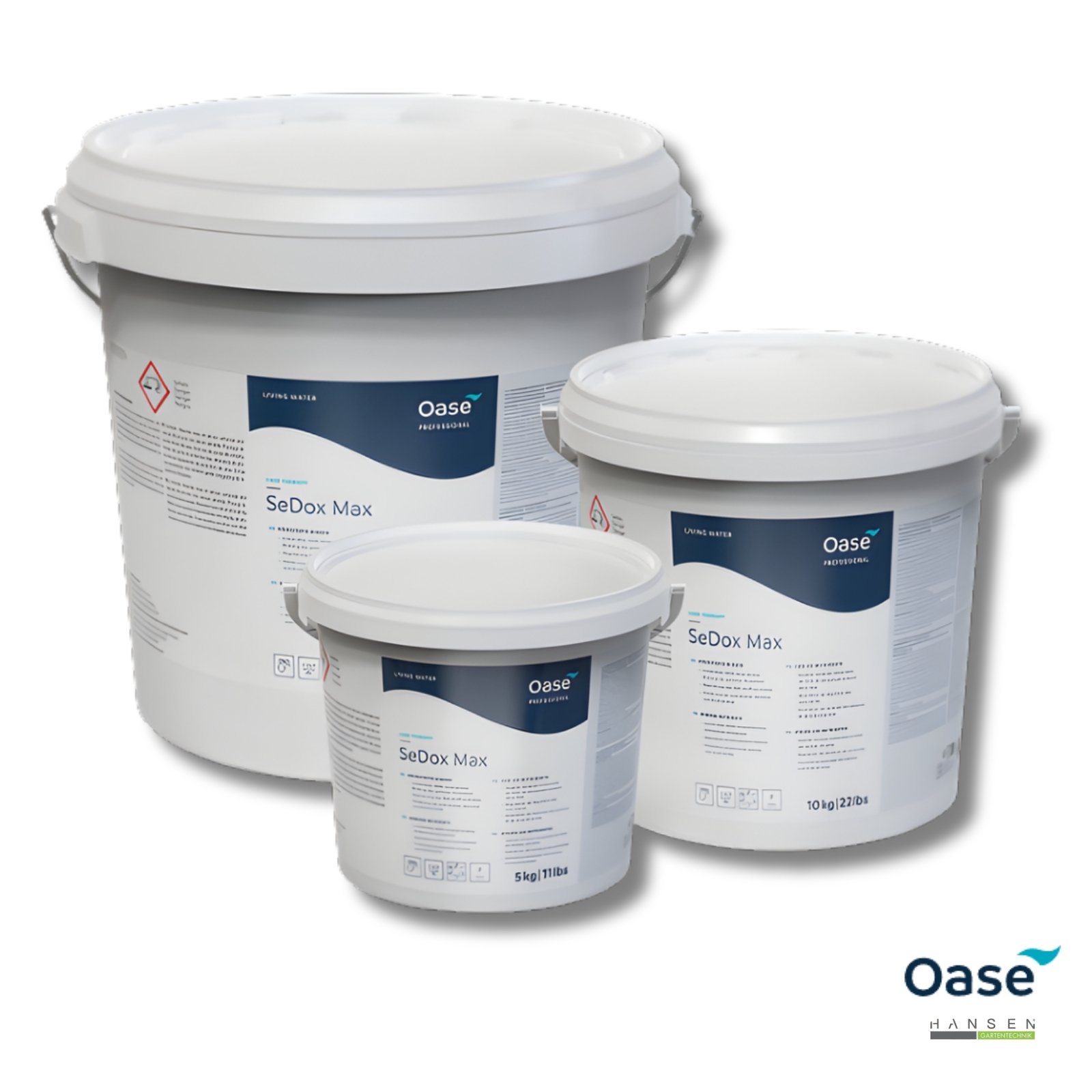 Abbildung zeigt freigestelltes Produktbild zu OASE SeDox Max Gebindegrößen von 5 kg, 10 kg und 25 kg. Abbildung zeigt freigestelltes Produktbild zu OASE SeDox Max Gebindegrößen von 5 kg, 10 kg und 25 kg.