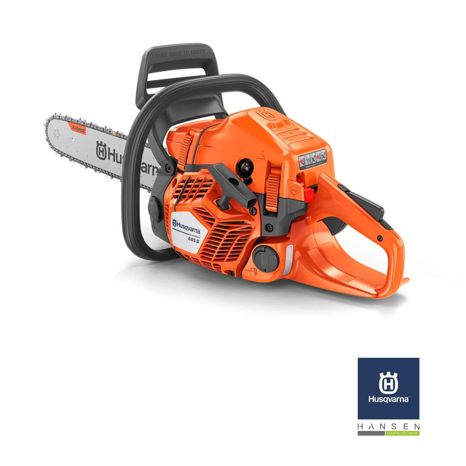 Abbildung zeigt freigestelltes Produktfoto zur Husqvarna Motorsäge 445S 15 in der Seitenansicht Abbildung zeigt freigestelltes Produktfoto zur Husqvarna Motorsäge 445S 15 in der Seitenansicht