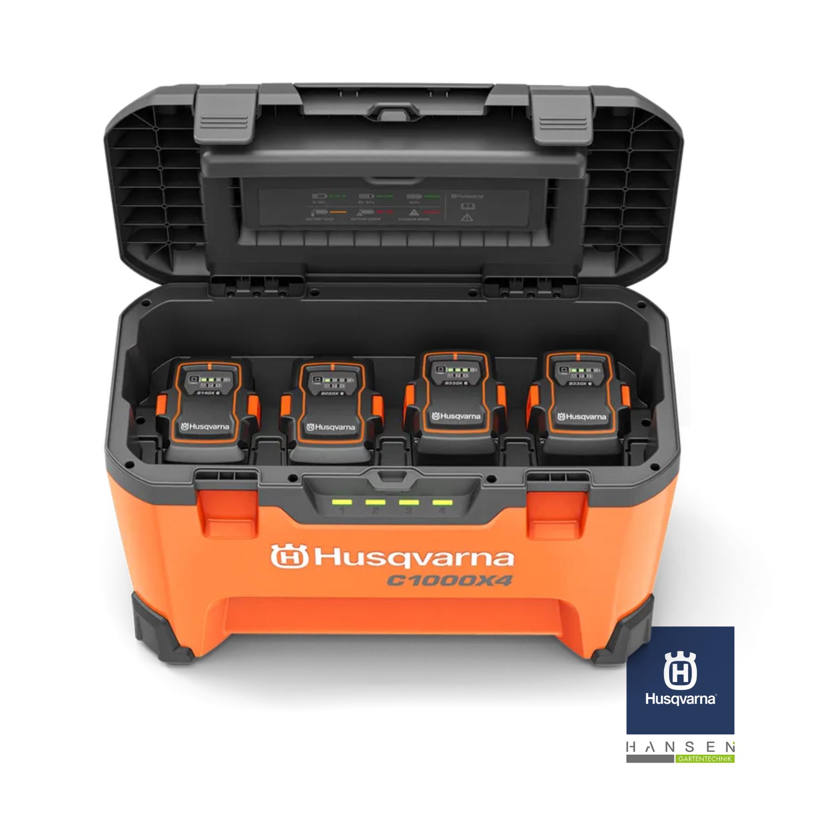 Abbildung zeigt freigestelltes Produktbild zu Husqvarna Akkukoffer Set XL mit dem Ladekoffer C1000X4