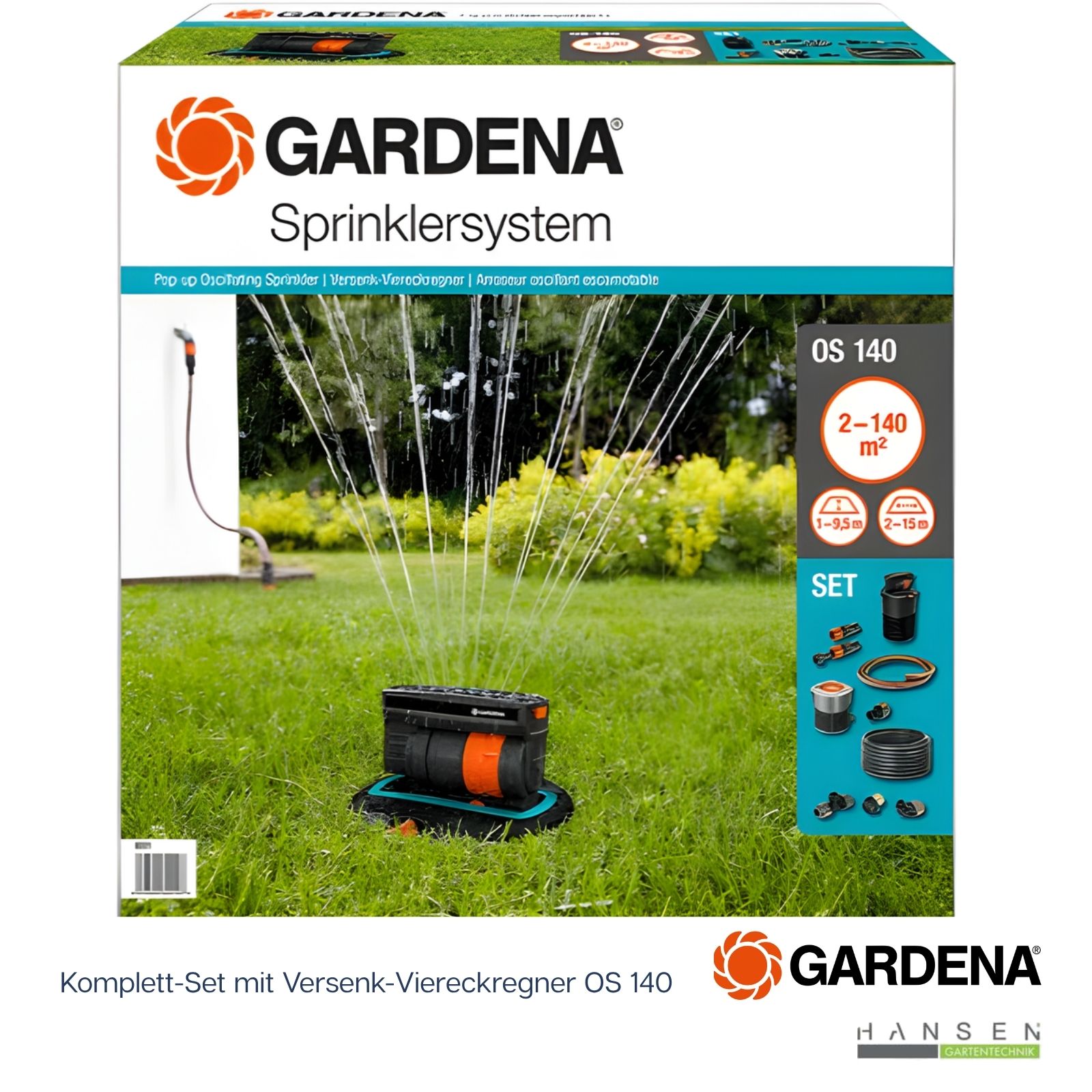 Abbildung zeigt Umverpackung mit Angabe zum Lieferumfang beim Gardena Komplettset mit Versenk-Viereckregner OS 140, Art.-Nr. 8221-20