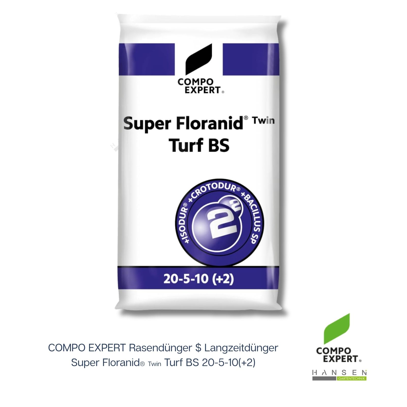 Abbildung zeigt Lieferumfang 20 kg Gebinde zu COMPO Super Floranid® Twin Turf BS 20-5-10(+2) Langzeitdünger